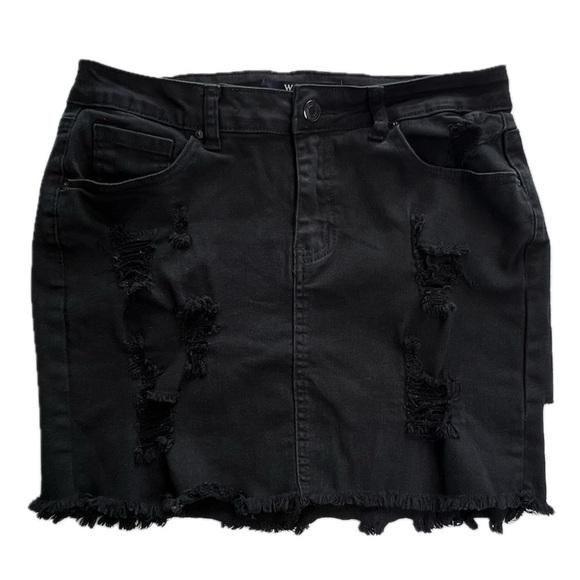 Wax Jean Mini Skirt Denim Raw Frayed Hem Distressed Ripped Y2K Black Medium M - Picture 1 of 14